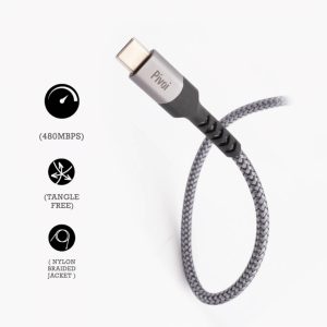 Pivoi USB Gray 2.0 AM to Type C Cable (Pack of 1)