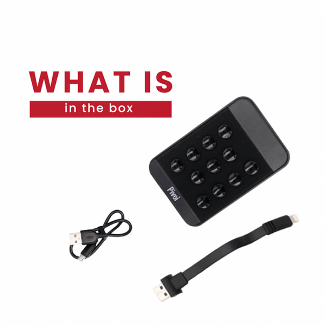 Pivoi Black 5000mAh Power Bank with built-in Lightning Cable and Suction Cups